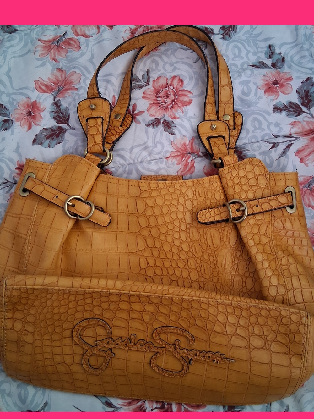 Jessica Simpson Yellow Croc-Embossed Tote Bag with Buckle Accents